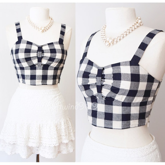 C. Luce Tops - Navy Blue Cotton Blend Gingham Plaid Bow Crop Top